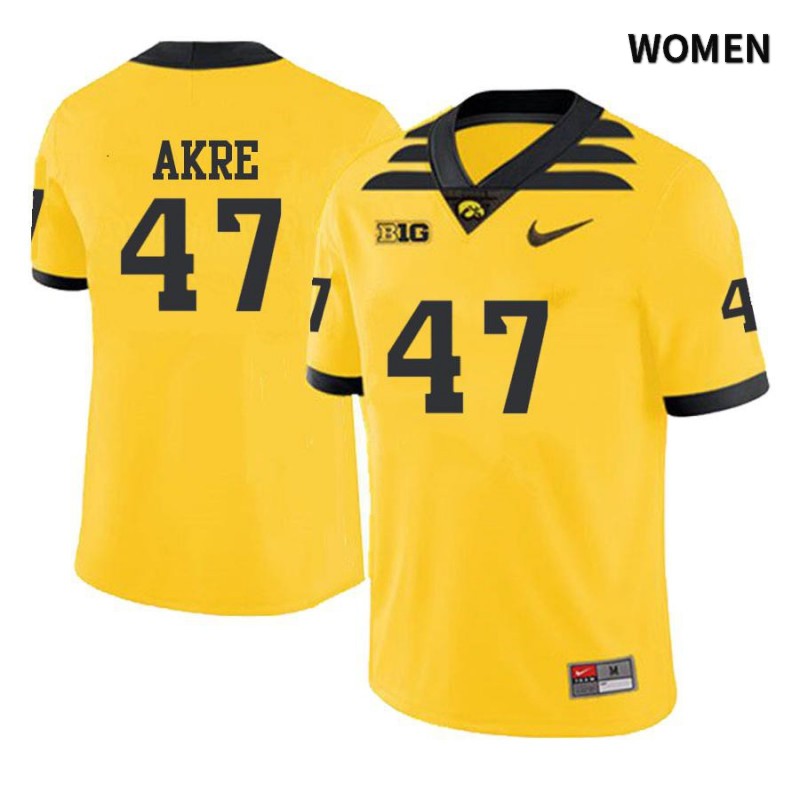Women's Iowa Hawkeyes NCAA #47 Lane Akre Yellow Authentic Nike Alumni Stitched College Football Jersey MR34E01EI